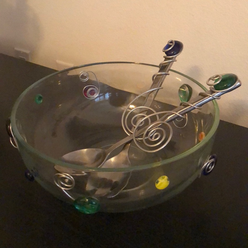Decorative Salad Bowl and serving utensils